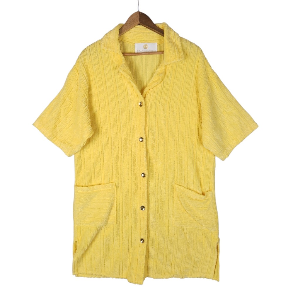 VTG Stan Herman Chenille Robe Medium Yellow Button Front Made in USA 70s 80s